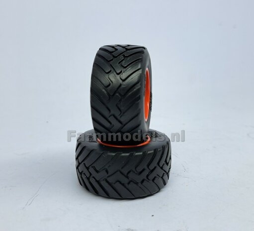 &Oslash; 46.1 x 22.9 mm: 2x BKT Banden + KUNSTSOF CLAAS ORANJE velgen, origineel afkomstig van de KAWECO Radium van UH 1:32    