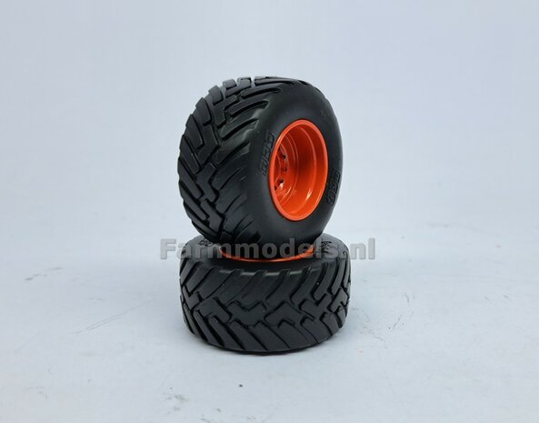 &Oslash; 46.1 x 22.9 mm: 2x BKT Banden + KUNSTSOF CLAAS ORANJE velgen, origineel afkomstig van de KAWECO Radium van UH 1:32    