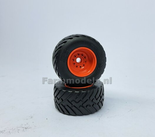 &Oslash; 46.1 x 22.9 mm: 2x BKT Banden + KUNSTSOF CLAAS ORANJE velgen, origineel afkomstig van de KAWECO Radium van UH 1:32    