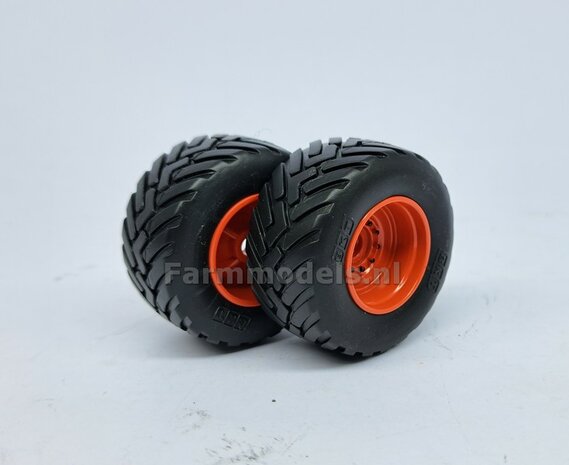 &Oslash; 46.1 x 22.9 mm: 2x BKT Banden + KUNSTSOF CLAAS ORANJE velgen, origineel afkomstig van de KAWECO Radium van UH 1:32    