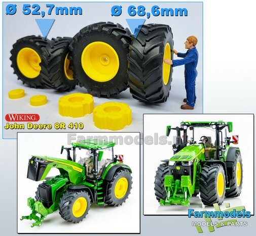 COMBI SET: 2x &Oslash; 52.7 mm + 2x &Oslash; 68.6 mm: JOHN DEERE 8r WIKING: 4x ORIGINELE BANDEN + AFDEK KAPPEN + WIELGEWICHTEN 1:32