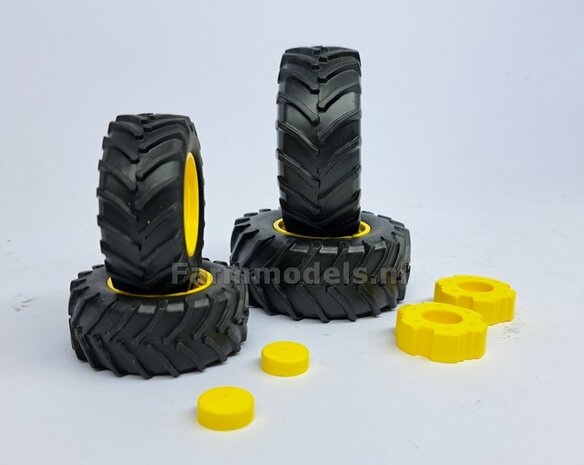 COMBI SET: 2x &Oslash; 52.7 mm + 2x &Oslash; 68.6 mm: JOHN DEERE 8r WIKING: 4x ORIGINELE BANDEN + AFDEK KAPPEN + WIELGEWICHTEN 1:32