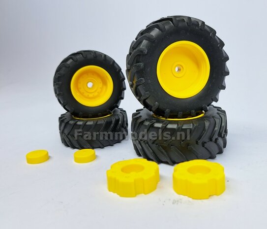 COMBI SET: 2x &Oslash; 52.7 mm + 2x &Oslash; 68.6 mm: JOHN DEERE 8r WIKING: 4x ORIGINELE BANDEN + AFDEK KAPPEN + WIELGEWICHTEN 1:32