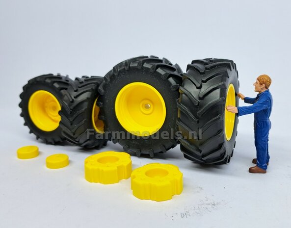 COMBI SET: 2x &Oslash; 52.7 mm + 2x &Oslash; 68.6 mm: JOHN DEERE 8r WIKING: 4x ORIGINELE BANDEN + AFDEK KAPPEN + WIELGEWICHTEN 1:32