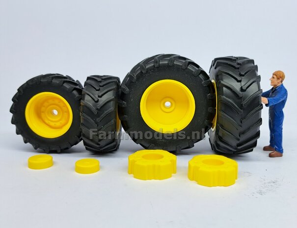 COMBI SET: 2x &Oslash; 52.7 mm + 2x &Oslash; 68.6 mm: JOHN DEERE 8r WIKING: 4x ORIGINELE BANDEN + AFDEK KAPPEN + WIELGEWICHTEN 1:32