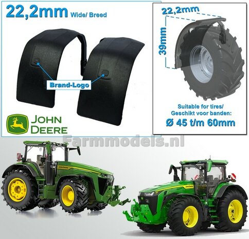 2x JOHN DEERE 8r WIKING ORIGINELE VOORAS SPATBORDEN 22.2 mm breed &quot;BIG &Oslash;&quot; Version MET STEUNEN KUNSTSTOF ZWART geleverd, GEBRUIKT ITEM 1:32