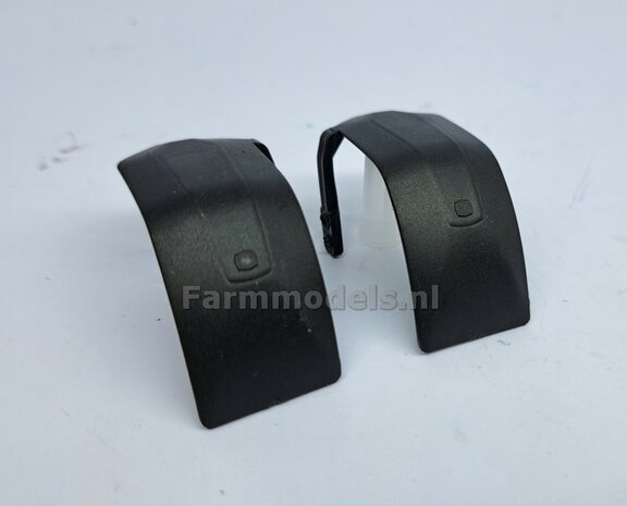 2x JOHN DEERE 8r WIKING ORIGINELE VOORAS SPATBORDEN 22.2 mm breed &quot;BIG &Oslash;&quot; Version MET STEUNEN KUNSTSTOF ZWART geleverd, GEBRUIKT ITEM 1:32