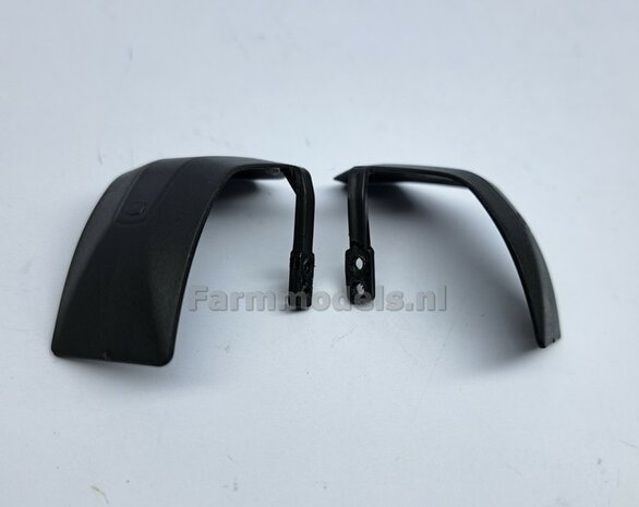 2x JOHN DEERE 8r WIKING ORIGINELE VOORAS SPATBORDEN 22.2 mm breed &quot;BIG &Oslash;&quot; Version MET STEUNEN KUNSTSTOF ZWART geleverd, GEBRUIKT ITEM 1:32