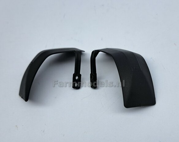 2x JOHN DEERE 8r WIKING ORIGINELE VOORAS SPATBORDEN 22.2 mm breed &quot;BIG &Oslash;&quot; Version MET STEUNEN KUNSTSTOF ZWART geleverd, GEBRUIKT ITEM 1:32