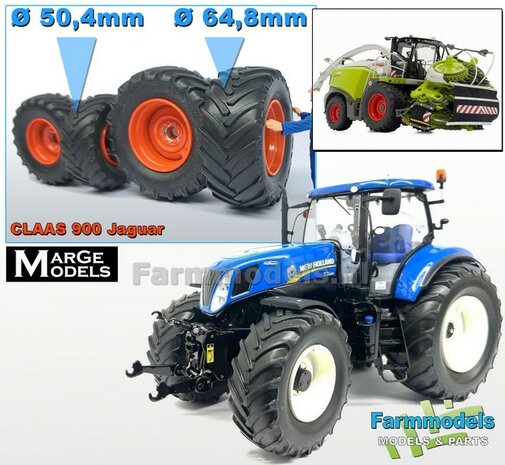 COMBI SET: 2x &Oslash; 50.4 mm + 2x &Oslash; 64.8 mm: CLAAS 900 JAGUAR MargeModels Bandenset  Voor- + achteras 1:32 