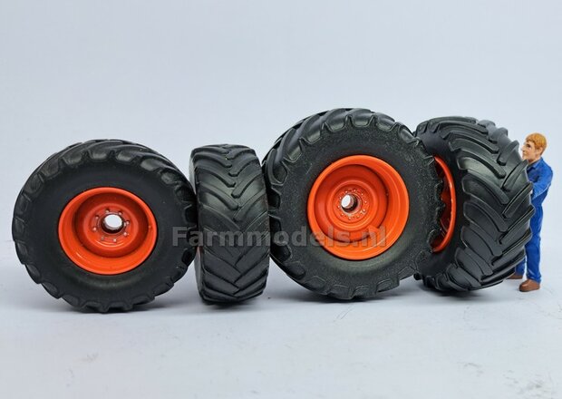 COMBI SET: 2x &Oslash; 50.4 mm + 2x &Oslash; 64.8 mm: CLAAS 900 JAGUAR MargeModels Bandenset  Voor- + achteras 1:32 