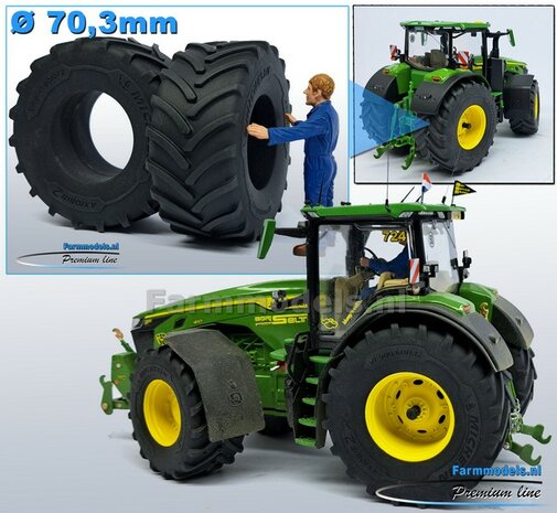 &Oslash; 70.3 x 30.4 mm: 2x Michelin Axiobib2 Banden ZONDER Velgen. Velggat band ong.: &Oslash; 33.3 mm   1:32    Farmmodels  Premium Line Series  