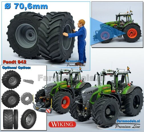 &Oslash; 70.6 x 30.4 mm: FENDT 942 Wiking: 2x Michelin Axiobib2 Banden + RESIN Velgen BLANK geleverd 1:32    Farmmodels Premium Line Series  HALF MEI 2025 LEVERBAAR
