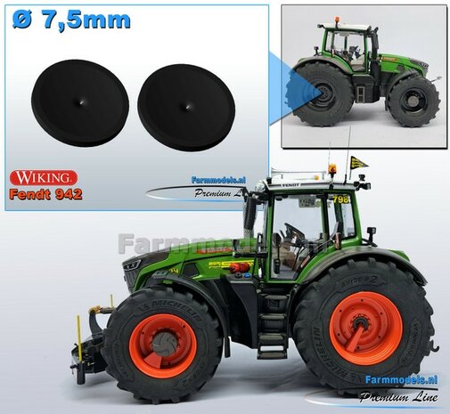 2x Afdekplaat &Oslash; 7.5 mm t.b.v. FENDT 942 Wiking ACHTERAS VELG Michelin Axiobib2 band &nbsp;Resin, ZWART GLANS Gespoten geleverd 1:32 Farmmodels Premium Line  HALF MEI 2025 LEVERBAAR