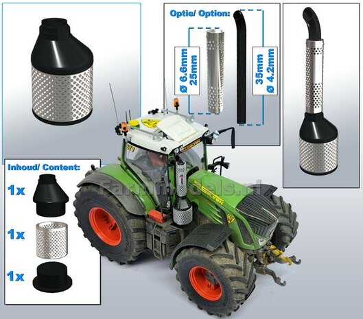 FENDT 939 DEMPER POT met BESCHERMKAP, perfect passend op de Fendt 939 Vario S4 van Wiking Resin, ZWART &amp; CHROOM Gespoten geschikt voor uitlaat &Oslash; 4,2 mm  1:32  