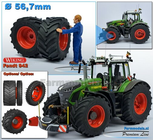 &Oslash; 56.7 x 26.1 mm: FENDT 942 Wiking: 2x Michelin Axiobib2 Banden + Resin Velgen FENDT TERRA-RED ROOD Gespoten geleverd 1:32    Farmmodels Premium Line Series  