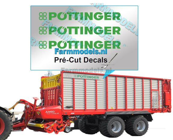 Pottinger logo sticker, groen op transparante folie 3 stuks, 60 x 6mm, Pr&eacute;-Cut-Decals-1:32-Farmmodels.nl