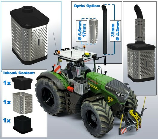FENDT 1050 DEMPER POT met BESCHERMKAP, passend op Fendt 1050 Gen2 van Wiking. Resin, ZWART &amp; CHROOM Gespoten geschikt voor uitlaat &Oslash; 4,2 mm  1:32  