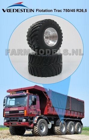 Vredestein Flotation Trac 750/45 R26,5 + Alu. velgen, banden &Oslash; 43 mm, geschikt voor ROS (stuur)assen, 1:32 SUPER SALE