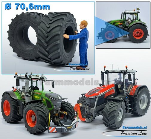&Oslash; 70.6 x 30.4 mm: 2x Michelin Axiobib2 Banden ZONDER Velgen. Velggat band ong.: &Oslash; 36.6 mm   1:32    Farmmodels  Premium Line Series  
