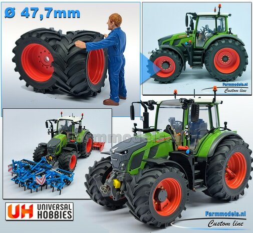 &Oslash; 47.7 x 24.2 mm: Fendt 620 UH: 2x Brede Vooras banden + ALUMINIUM velgen FENDT TERRA-RED ROOD Gespoten geleverd 1:32 Farmmodels Custom Line Series 