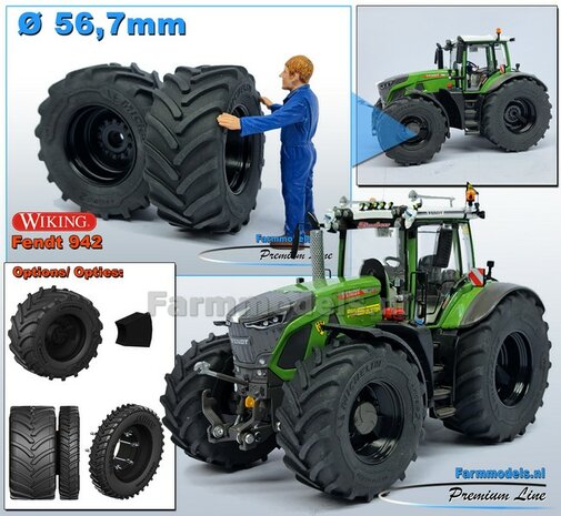 &Oslash; 56.7 x 26.1 mm: FENDT 942 Wiking: 2x Michelin Axiobib2 Banden + RESIN Velgen ZWART GLANS Gespoten geleverd 1:32    Farmmodels Premium Line Series 