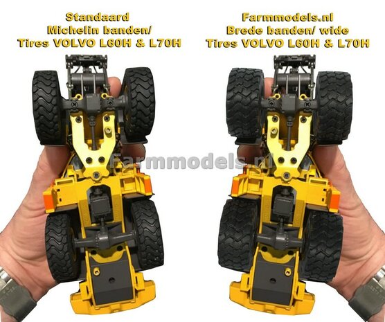 &Oslash; 47.3 mm: VOLVO L60H: 2x brede Shovel banden + ALUMINIUM velgen VOLVO GEEL Gespoten geleverd geschikt voor Volvo L60H serie agri Collectables 1:32  