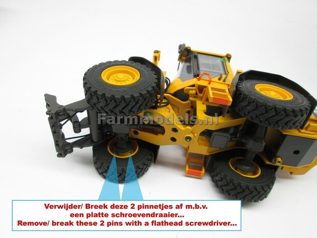 &Oslash; 47.3 mm: VOLVO L60H: 2x brede Shovel banden + ALUMINIUM velgen VOLVO GEEL Gespoten geleverd geschikt voor Volvo L60H serie agri Collectables 1:32  