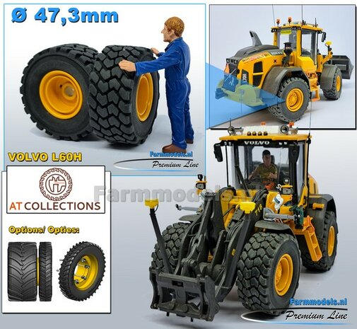 &Oslash; 47.3 mm: VOLVO L60H: 2x brede Shovel banden + ALUMINIUM velgen VOLVO GEEL Gespoten geleverd geschikt voor Volvo L60H serie agri Collectables 1:32  