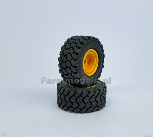 &Oslash; 47.3 mm: VOLVO L60H: 2x brede Shovel banden + ALUMINIUM velgen VOLVO GEEL Gespoten geleverd geschikt voor Volvo L60H serie agri Collectables 1:32  