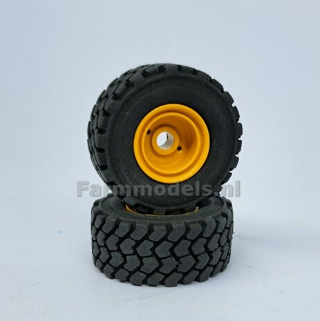 &Oslash; 47.3 mm: VOLVO L60H: 2x brede Shovel banden + ALUMINIUM velgen VOLVO GEEL Gespoten geleverd geschikt voor Volvo L60H serie agri Collectables 1:32  
