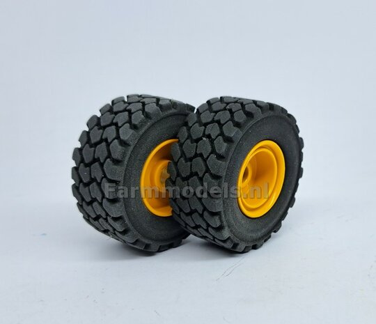 &Oslash; 47.3 mm: VOLVO L60H: 2x brede Shovel banden + ALUMINIUM velgen VOLVO GEEL Gespoten geleverd geschikt voor Volvo L60H serie agri Collectables 1:32  