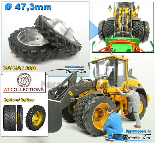 &Oslash; 47.3 mm: 2x Dubbellucht Shovel banden + ALUMINIUM velgen BLANK geleverd passend in de Aluminium Farmmodels Volvo L60H serie  1:32         