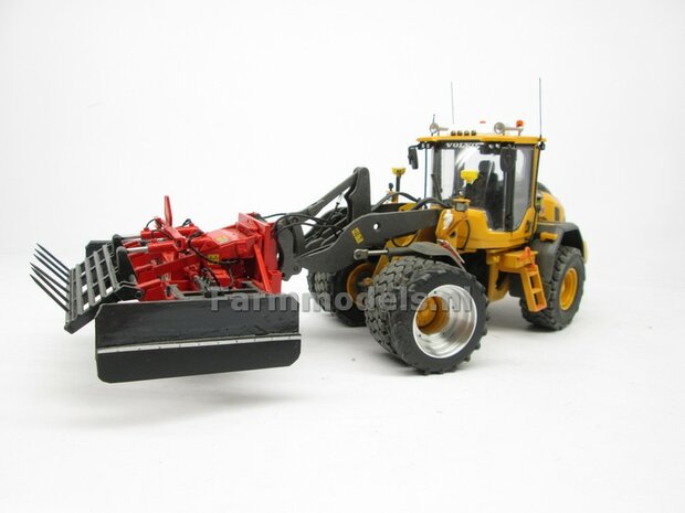&Oslash; 47.3 mm: 2x Dubbellucht Shovel banden + ALUMINIUM velgen VOLVO GEEL Gespoten geleverd passend in de Aluminium Farmmodels Volvo L60H serie  1:32         