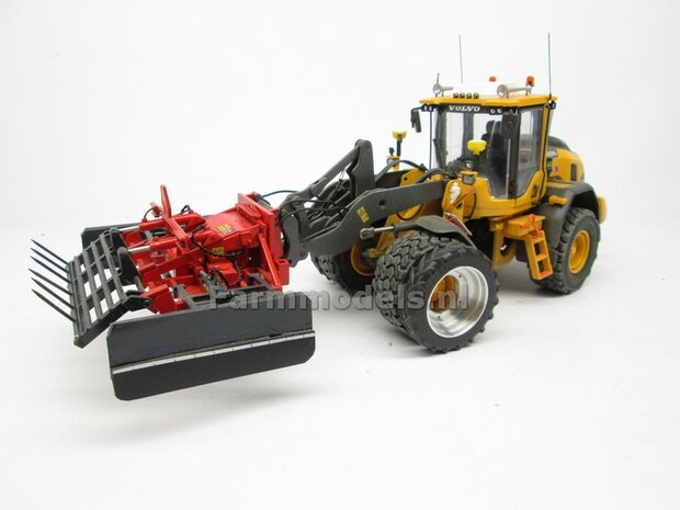 &Oslash; 47.3 mm: 2x Dubbellucht Shovel banden + ALUMINIUM velgen VOLVO GEEL Gespoten geleverd passend in de Aluminium Farmmodels Volvo L60H serie  1:32         