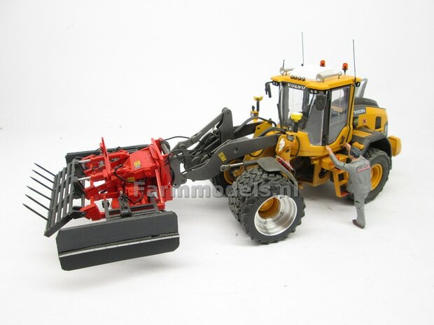 &Oslash; 47.3 mm: 2x Dubbellucht Shovel banden + ALUMINIUM velgen VOLVO GEEL Gespoten geleverd passend in de Aluminium Farmmodels Volvo L60H serie  1:32         