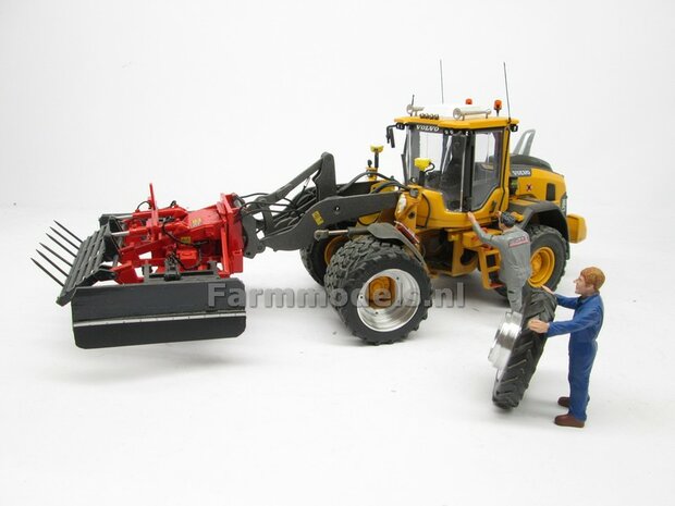 &Oslash; 47.3 mm: 2x Dubbellucht Shovel banden + ALUMINIUM velgen VOLVO GEEL Gespoten geleverd passend in de Aluminium Farmmodels Volvo L60H serie  1:32         