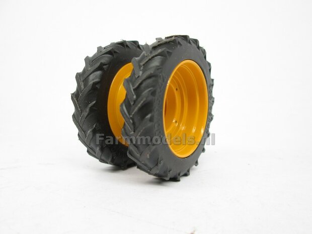 &Oslash; 47.3 mm: 2x Dubbellucht Shovel banden + ALUMINIUM velgen VOLVO GEEL Gespoten geleverd passend in de Aluminium Farmmodels Volvo L60H serie  1:32         