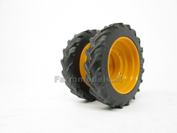 &Oslash; 47.3 mm: 2x Dubbellucht Shovel banden + ALUMINIUM velgen VOLVO GEEL Gespoten geleverd passend in de Aluminium Farmmodels Volvo L60H serie  1:32         