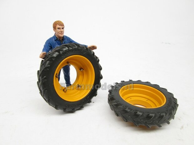 &Oslash; 47.3 mm: 2x Dubbellucht Shovel banden + ALUMINIUM velgen VOLVO GEEL Gespoten geleverd passend in de Aluminium Farmmodels Volvo L60H serie  1:32         