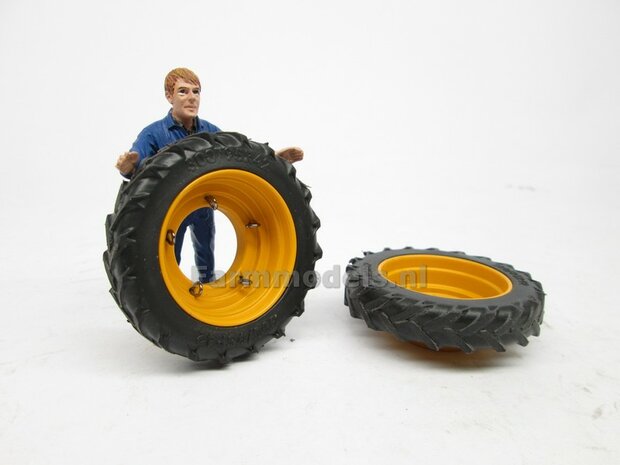 &Oslash; 47.3 mm: 2x Dubbellucht Shovel banden + ALUMINIUM velgen VOLVO GEEL Gespoten geleverd passend in de Aluminium Farmmodels Volvo L60H serie  1:32         