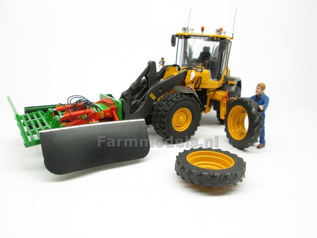 &Oslash; 47.3 mm: 2x Dubbellucht Shovel banden + ALUMINIUM velgen VOLVO GEEL Gespoten geleverd passend in de Aluminium Farmmodels Volvo L60H serie  1:32         