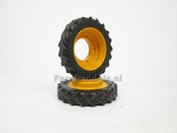&Oslash; 47.3 mm: 2x Dubbellucht Shovel banden + ALUMINIUM velgen VOLVO GEEL Gespoten geleverd passend in de Aluminium Farmmodels Volvo L60H serie  1:32         