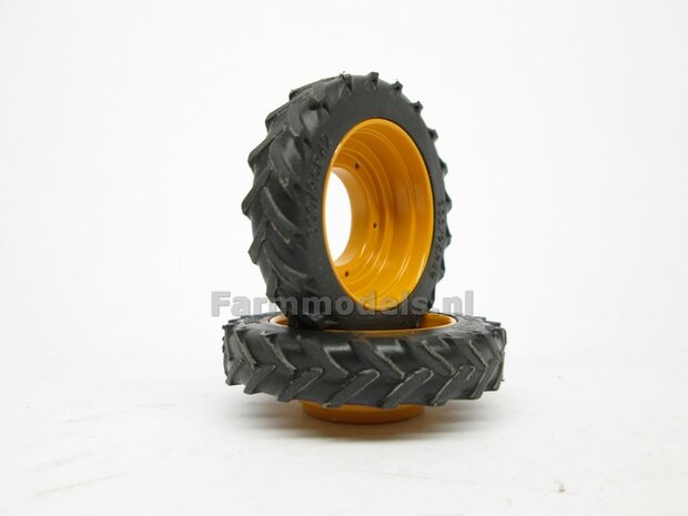 &Oslash; 47.3 mm: 2x Dubbellucht Shovel banden + ALUMINIUM velgen VOLVO GEEL Gespoten geleverd passend in de Aluminium Farmmodels Volvo L60H serie  1:32         