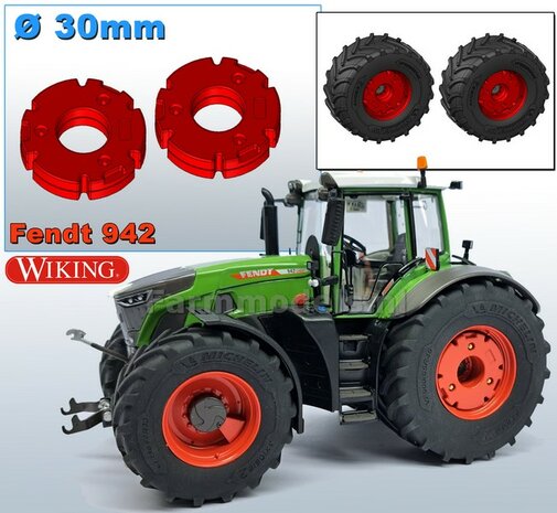 &Oslash;30 mm x 8 mm hoog: 2x FENDT 942 Wiking WIELGEWICHTEN  Materiaal:&nbsp;Resin FENDT TERRA-RED ROOD Gespoten geleverd &nbsp;1:32 &nbsp; Farmmodels Premium Line