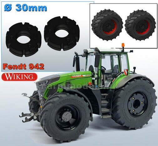 &Oslash;30 mm x 8 mm hoog: 2x FENDT 942 Wiking WIELGEWICHTEN  Materiaal:&nbsp;Resin ZWART GLANS Gespoten geleverd &nbsp;1:32 &nbsp; Farmmodels Premium Line  