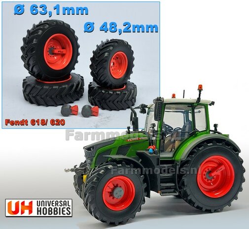 COMBI SET: 2x &Oslash; 48.2 mm + 2x &Oslash; 63.1 mm: Fendt 618-620 UH Bandenset geleverd incl. eindvertragingen vooras en Vario Grip luchtdrukwisselsysteem afdekkappen 1:32 
