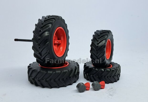 COMBI SET: 2x &Oslash; 48.2 mm + 2x &Oslash; 63.1 mm: Fendt 618-620 UH Bandenset geleverd incl. eindvertragingen vooras en Vario Grip luchtdrukwisselsysteem afdekkappen 1:32 