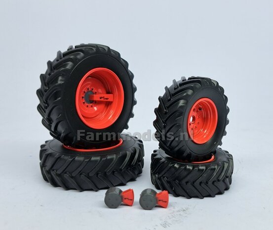 COMBI SET: 2x &Oslash; 48.2 mm + 2x &Oslash; 63.1 mm: Fendt 618-620 UH Bandenset geleverd incl. eindvertragingen vooras en Vario Grip luchtdrukwisselsysteem afdekkappen 1:32 