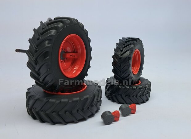 COMBI SET: 2x &Oslash; 48.2 mm + 2x &Oslash; 63.1 mm: Fendt 618-620 UH Bandenset geleverd incl. eindvertragingen vooras en Vario Grip luchtdrukwisselsysteem afdekkappen 1:32 